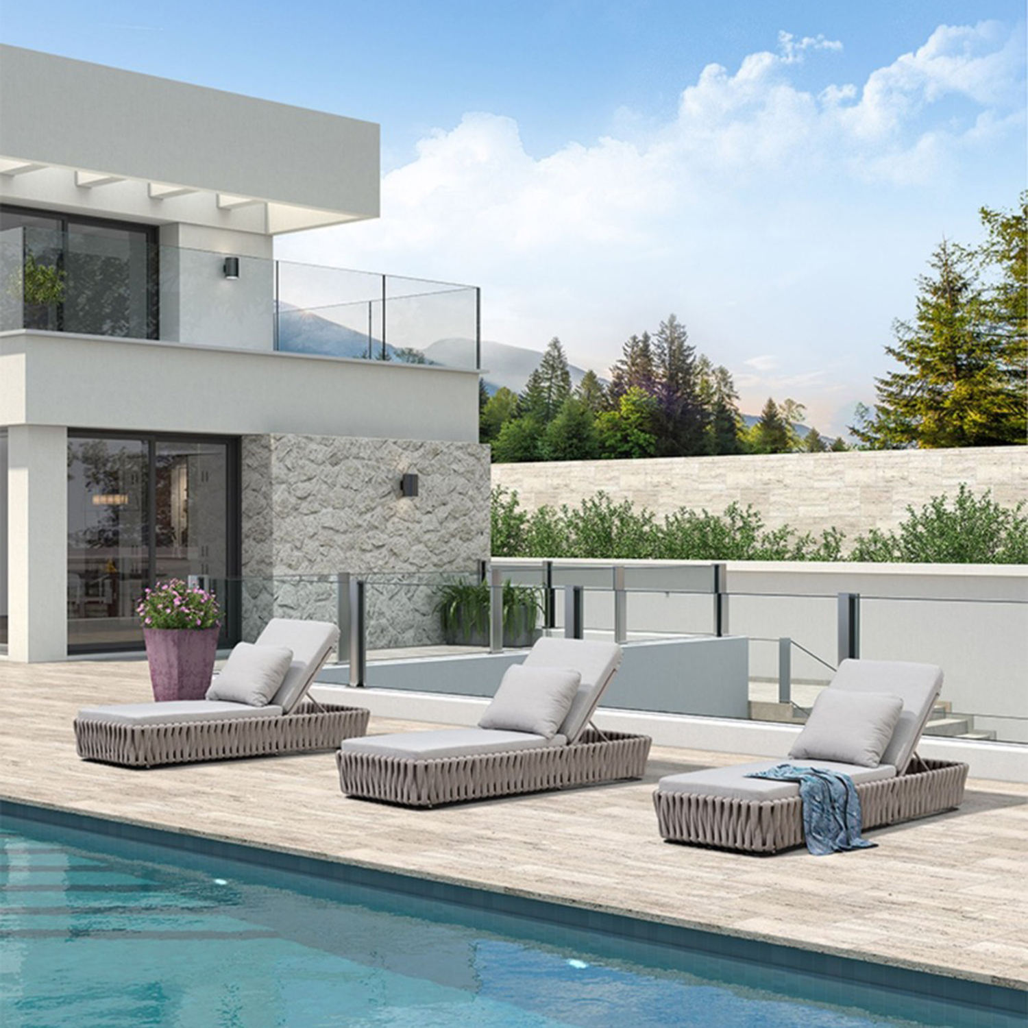 High Quality Hotel Sun Loungers UV-resistant Patio Pool Side Outdoor Furniture Luxury Rope Patio Sun Lounger Chaise Lounge